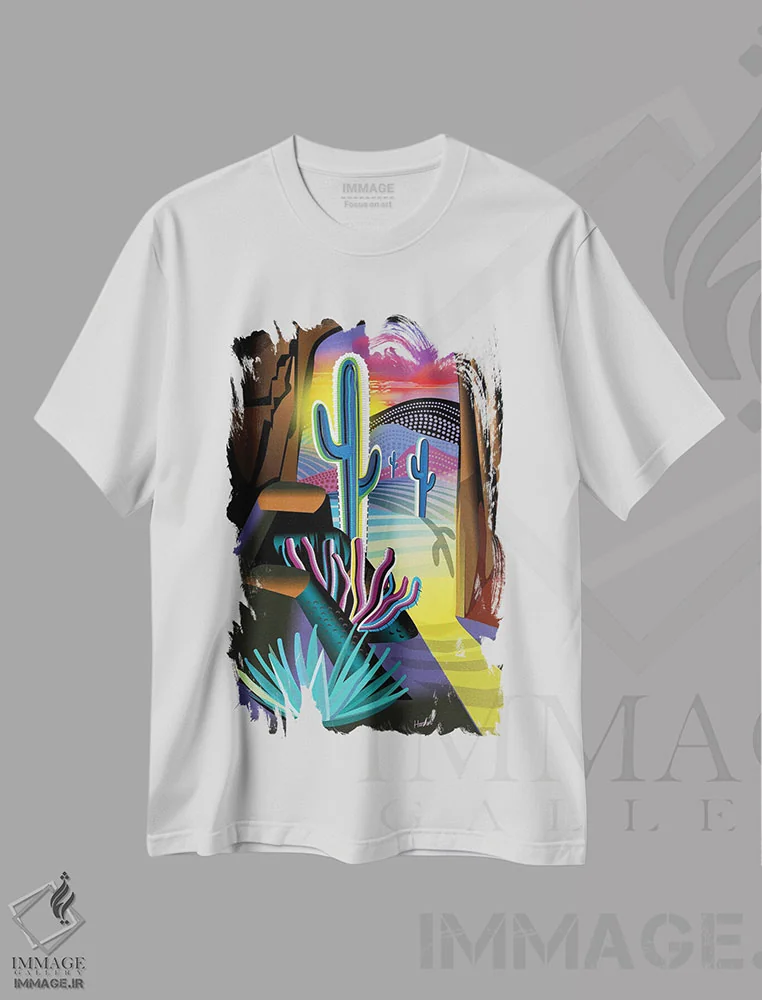 تیشرت سفید طرح دار غار بیابانی، هنر فاخر معاصر اثر چارلز هارکر | immage.ir