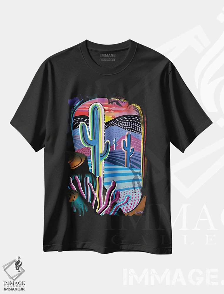 تیشرت مشکی طرح دار جشن بیابانی، هنر فاخر معاصر اثر چارلز هارکر | immage.ir