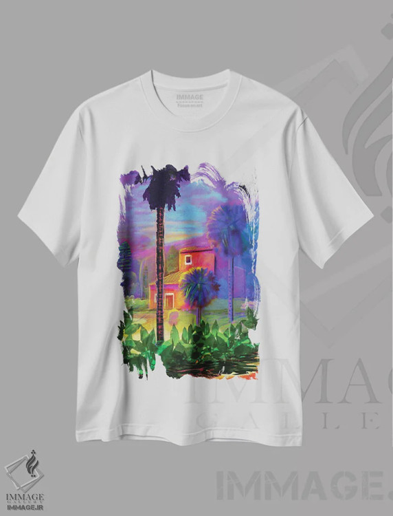 تیشرت سفید طرح دار تپه های پاسادنا، هنر فاخر معاصر اثر چارلز هارکر | فروشگاه ایماژ