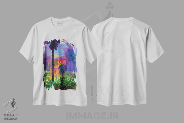 تیشرت سفید طرح دار تپه های پاسادنا، هنر فاخر معاصر اثر چارلز هارکر | فروشگاه ایماژ