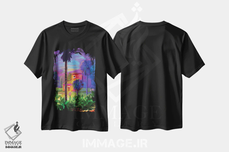 تیشرت مشکی طرح دار تپه های پاسادنا، هنر فاخر معاصر اثر چارلز هارکر | immage.ir