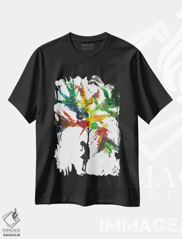 تیشرت مشکی طرح دار بادکنک های منفجرشونده، هنر فاخر معاصر اثر اندرو هار | فروشگاه ایماژ