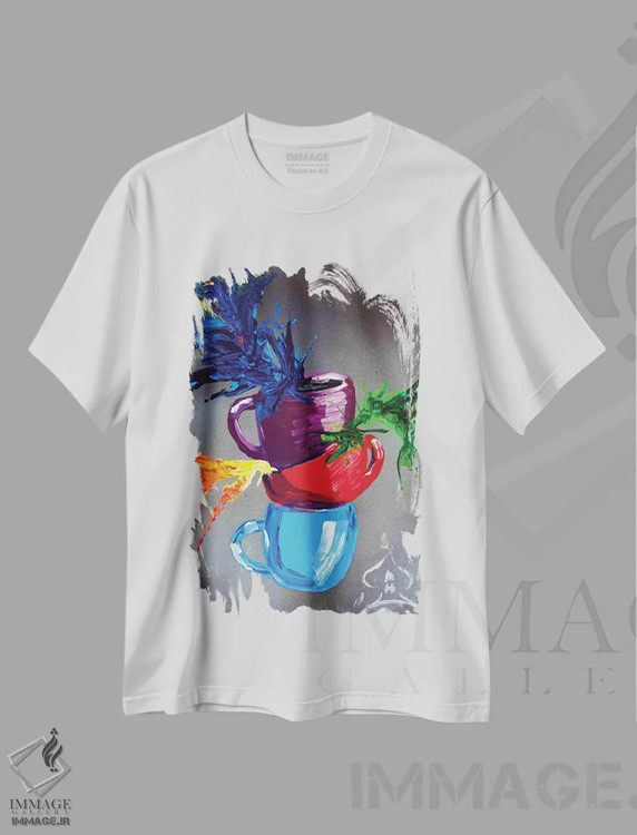 تیشرت سفید طرح دار فنجان ها، هنر فاخر معاصر اثر اندرو هار | فروشگاه ایماژ