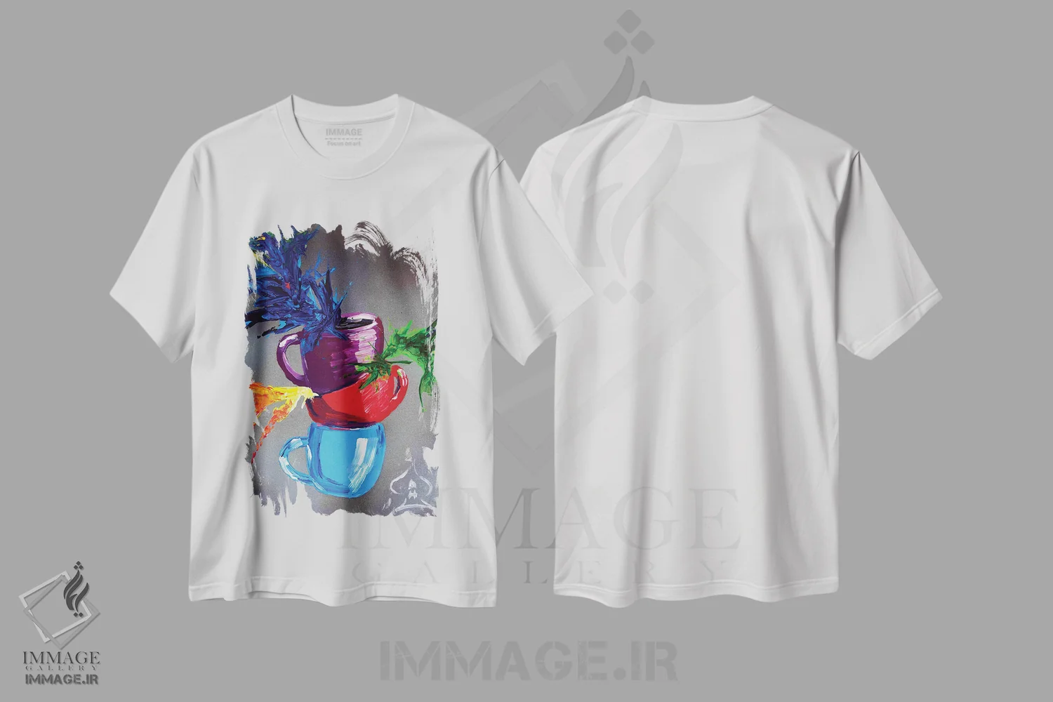 تیشرت سفید طرح دار فنجان ها، هنر فاخر معاصر اثر اندرو هار | فروشگاه ایماژ
