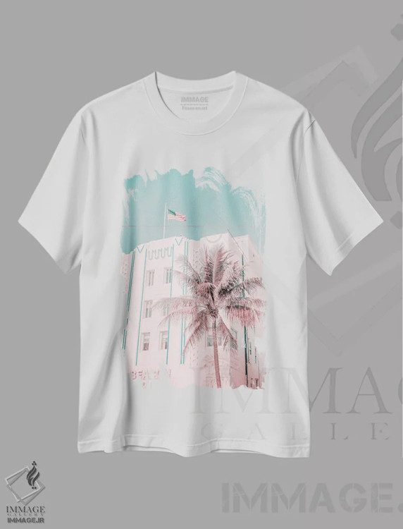 تیشرت سفید طرح دار هتل بیکن ساحل میامی، هنر دیجیتال اثر آندریا هازه | immage.ir
