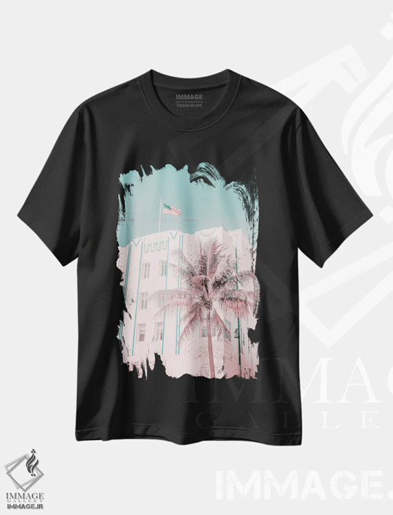 تیشرت مشکی طرح دار هتل بیکن ساحل میامی، هنر دیجیتال اثر آندریا هازه | فروشگاه ایماژ