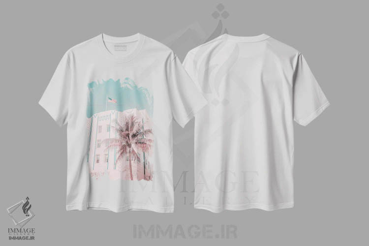 تیشرت سفید طرح دار هتل بیکن ساحل میامی، هنر دیجیتال اثر آندریا هازه | immage.ir