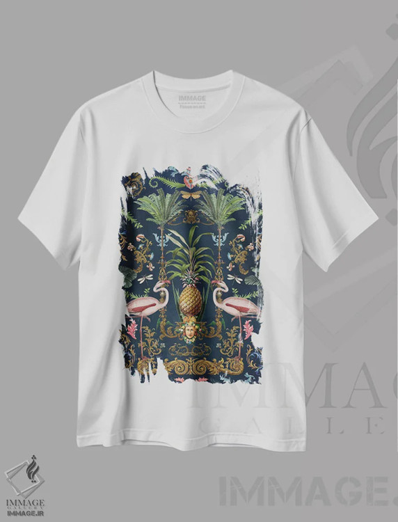 تیشرت سفید طرح دار حس تزئینی فلامینگوهای کلاسیک، تزئینی اثر آندریا هازه | immage.ir
