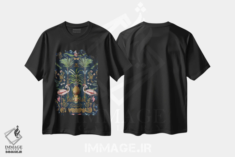 تیشرت مشکی طرح دار حس تزئینی فلامینگوهای کلاسیک، تزئینی اثر آندریا هازه | فروشگاه ایماژ