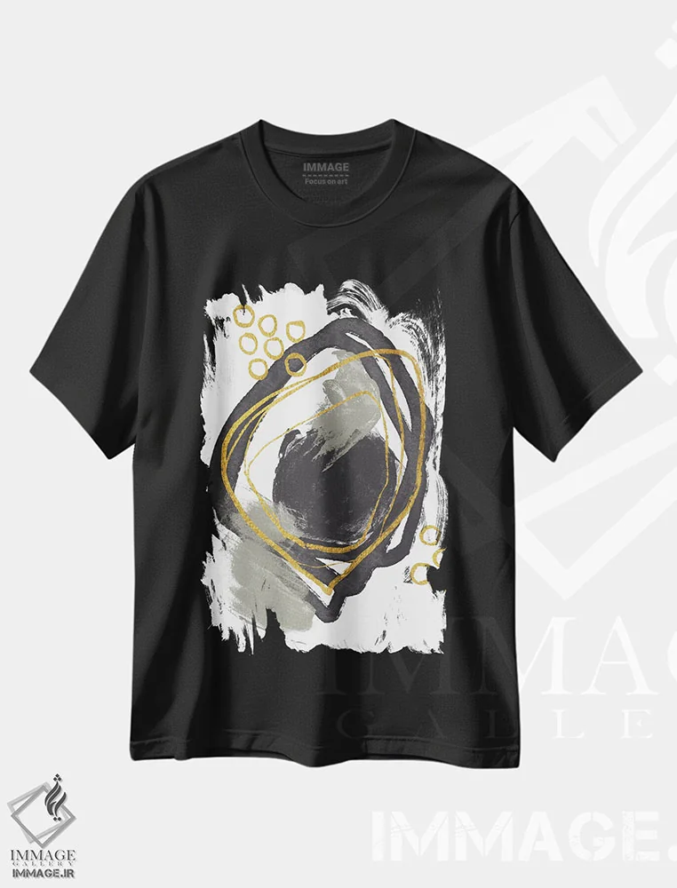 تیشرت مشکی طرح دار طلایی با رنگ های خنثی اثر آندریا هازه | فروشگاه ایماژ