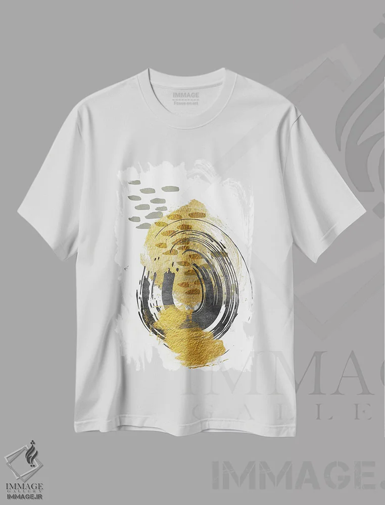 تیشرت سفید طرح دار طلایی با رنگ های خنثی دوم اثر آندریا هازه | فروشگاه ایماژ