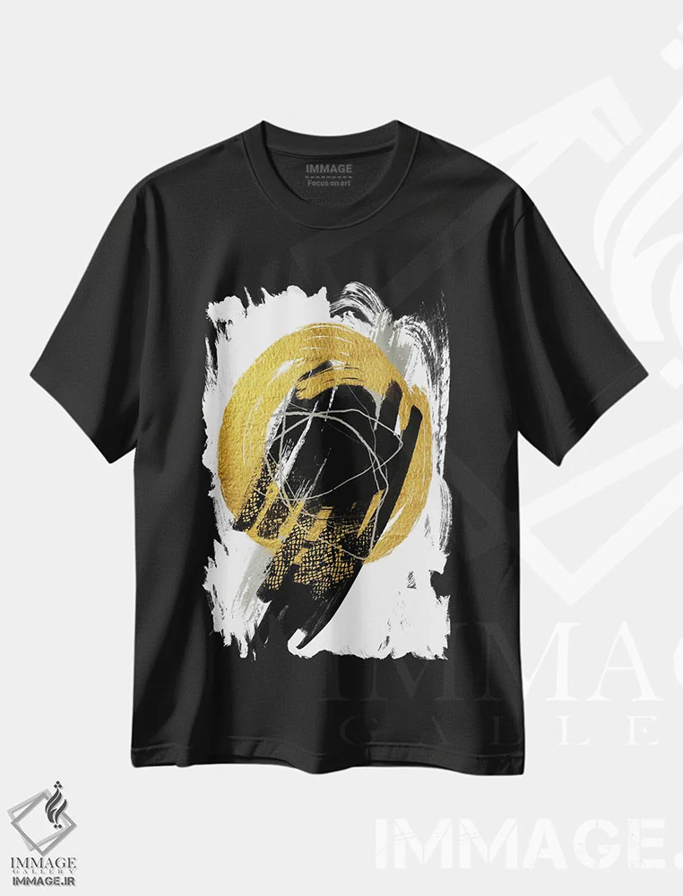 تیشرت مشکی طرح دار طلایی با رنگ های خنثی سوم اثر آندریا هازه | فروشگاه ایماژ