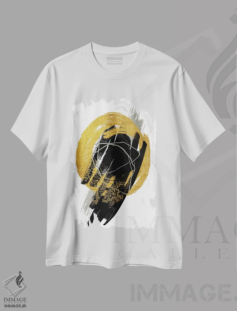 تیشرت سفید طرح دار طلایی با رنگ های خنثی سوم اثر آندریا هازه | immage.ir