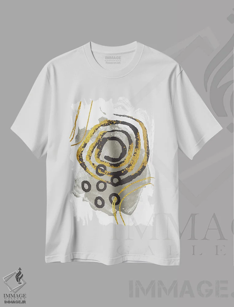 تیشرت سفید طرح دار طلایی با رنگ های خنثی ششم اثر آندریا هازه | فروشگاه ایماژ
