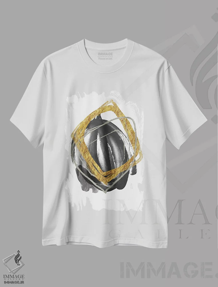 تیشرت سفید طرح دار طلایی با رنگ های خنثی هفتم اثر آندریا هازه | immage.ir