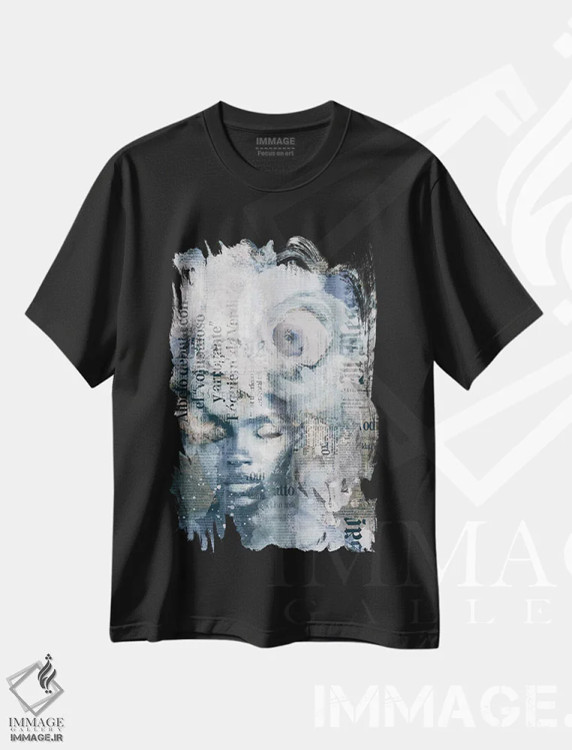 تیشرت مشکی طرح دار دختر نیویورکی آبی خاکستری، تزئینی اثر آندریا هازه | فروشگاه ایماژ