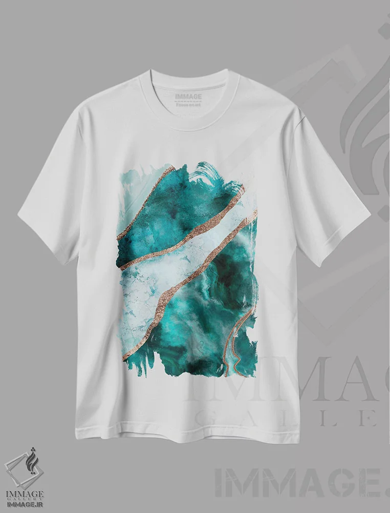 تیشرت سفید طرح دار جواهر فیروزه ای لوکس اثر آندریا هازه | فروشگاه ایماژ