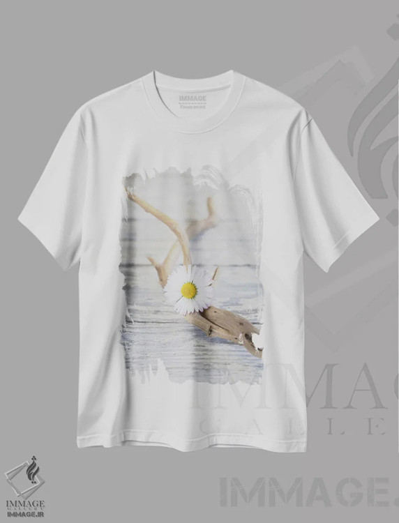 تیشرت سفید طرح دار چوب شناور و گل داوودی به سبک ذن، مدیوم اثر آندریا هازه | فروشگاه ایماژ