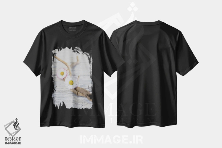 تیشرت مشکی طرح دار چوب شناور و گل داوودی به سبک ذن، مدیوم اثر آندریا هازه | فروشگاه ایماژ