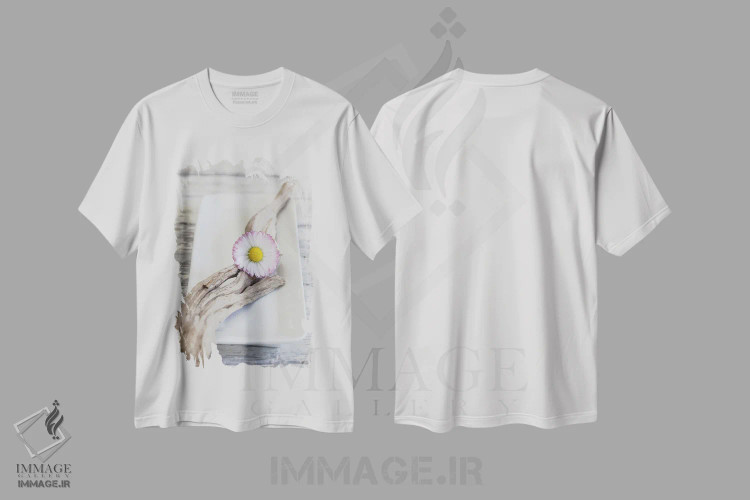 تیشرت سفید طرح دار چوب و گل داوودی به سبک ذن، مدیوم اثر آندریا هازه | فروشگاه ایماژ