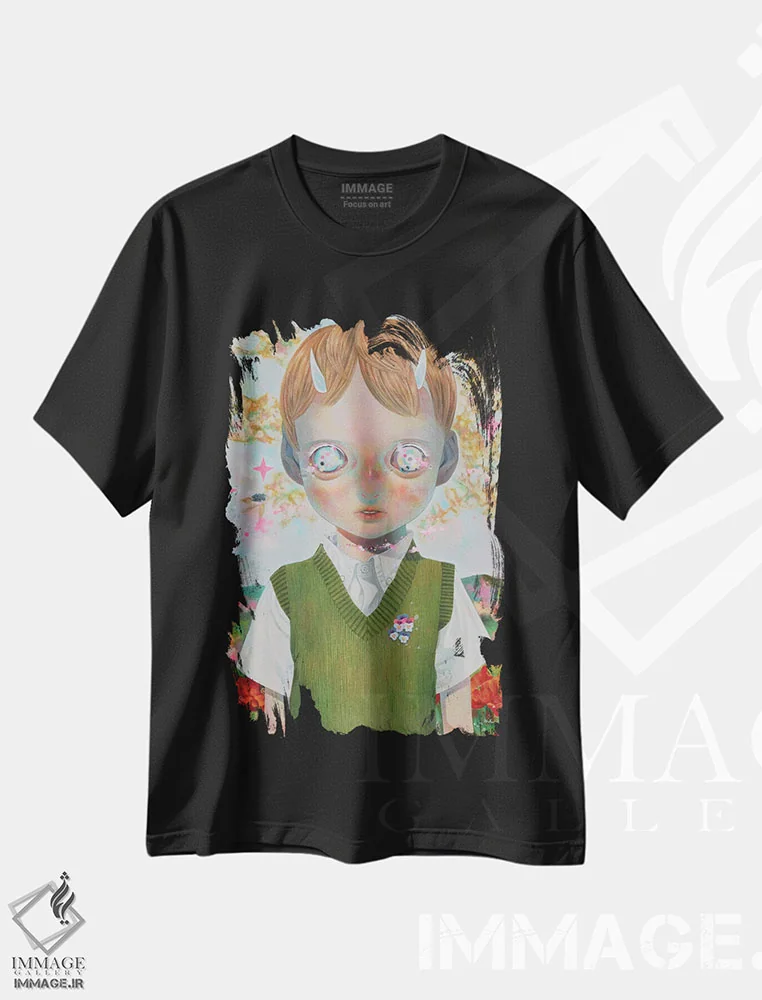 تیشرت مشکی طرح دار مجموعه مکان های خدا: هیچکس شماره ۱، دکوراسیون جایگزین اثر هیکاری شیمودا | فروشگاه ایماژ