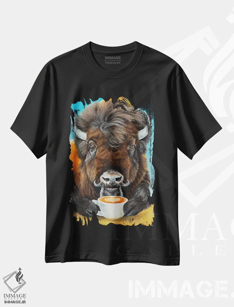 تیشرت مشکی طرح دار لاته گاومیش آمریکایی اثر هالی سیمنتال | فروشگاه ایماژ