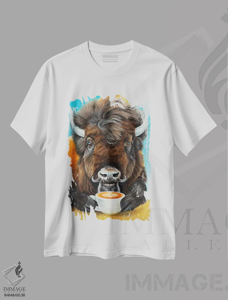 تیشرت سفید طرح دار لاته گاومیش آمریکایی اثر هالی سیمنتال | immage.ir