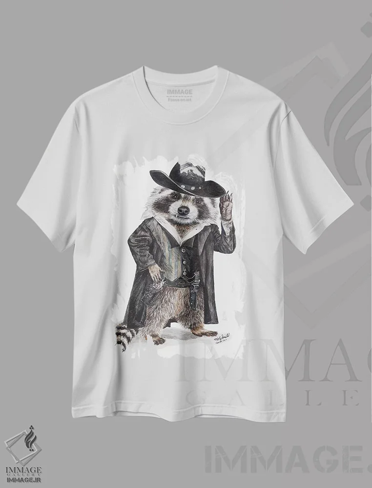 تیشرت سفید طرح دار راکون راهزن اثر هالی سیمنتال | فروشگاه ایماژ