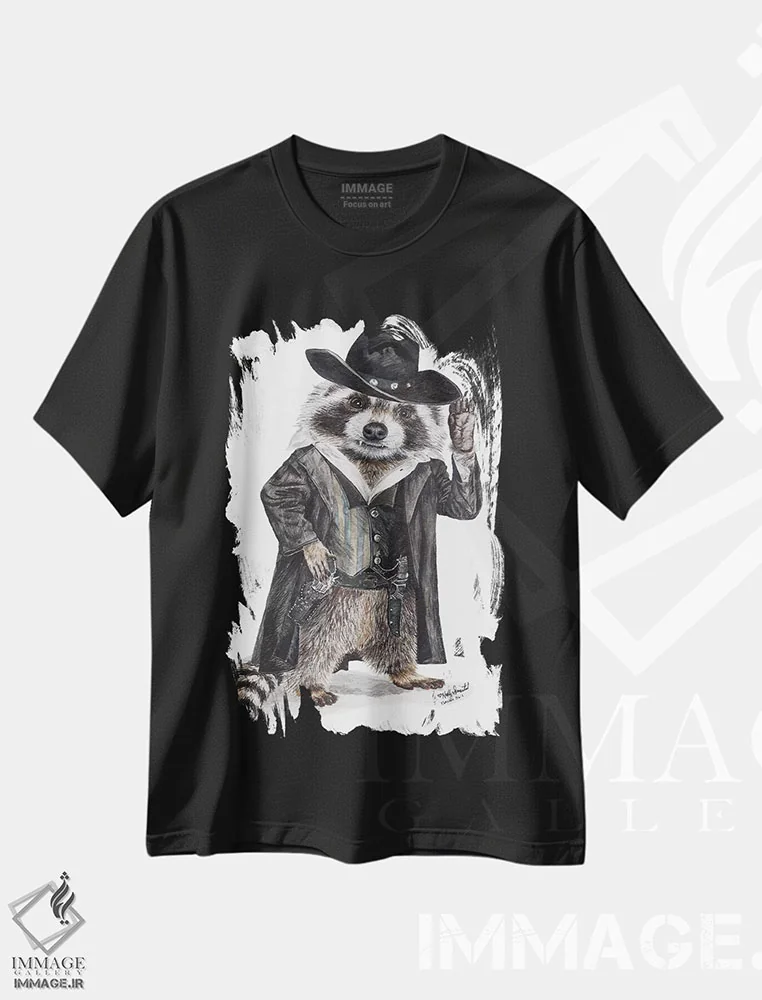 تیشرت مشکی طرح دار راکون راهزن اثر هالی سیمنتال | immage.ir