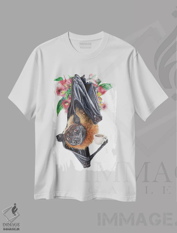 تیشرت سفید طرح دار خفاشی پیش از قهوه، هنر فاخر معاصر اثر هالی سیمنتال | فروشگاه ایماژ