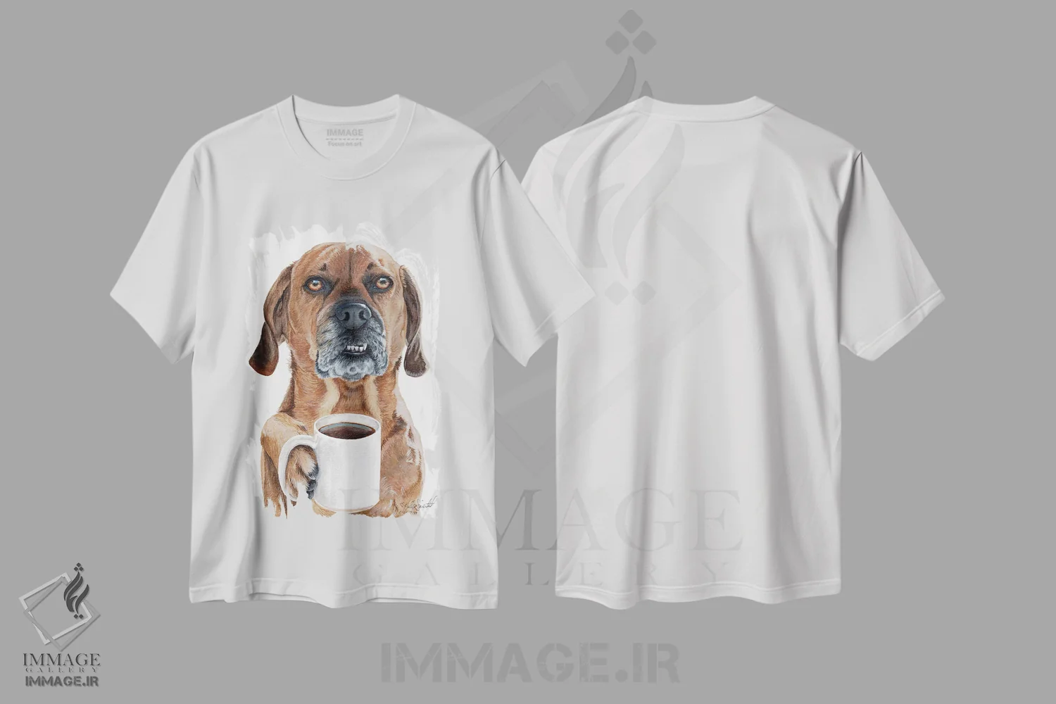 تیشرت سفید طرح دار سگ قهوه ای، دست نقاشی و طراحی دستی اثر هالی سیمنتال | فروشگاه ایماژ