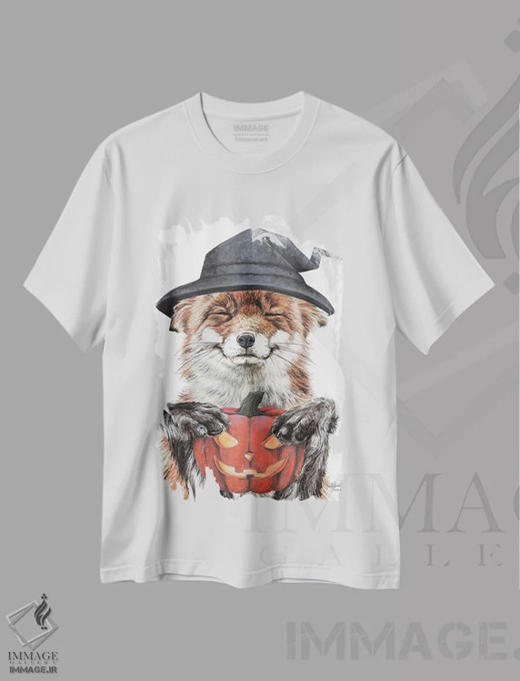 تیشرت سفید طرح دار روباه صبحگاهی هالووین، دست نقاشی و طراحی دستی اثر هالی سیمنتال | فروشگاه ایماژ