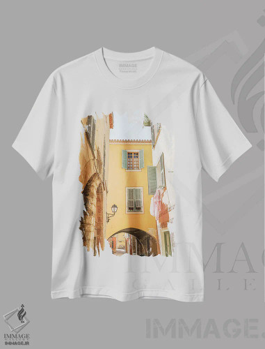 تیشرت سفید طرح دار France,خانه های رنگارنگ در منتون، فرانسه، مدیوم اثر هنریکه شنک | فروشگاه ایماژ