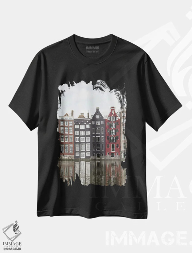 تیشرت مشکی طرح دار خانه های کانالی آمستردام، مدیوم اثر هنریکه شنک | فروشگاه ایماژ