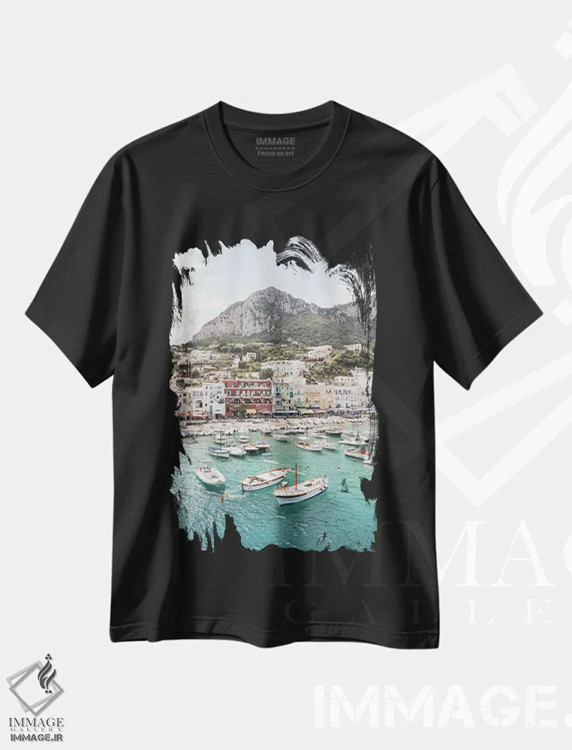 تیشرت مشکی طرح دار منظره جزیره کاپری، عکاسی هوایی اثر هنریکه شنک | فروشگاه ایماژ