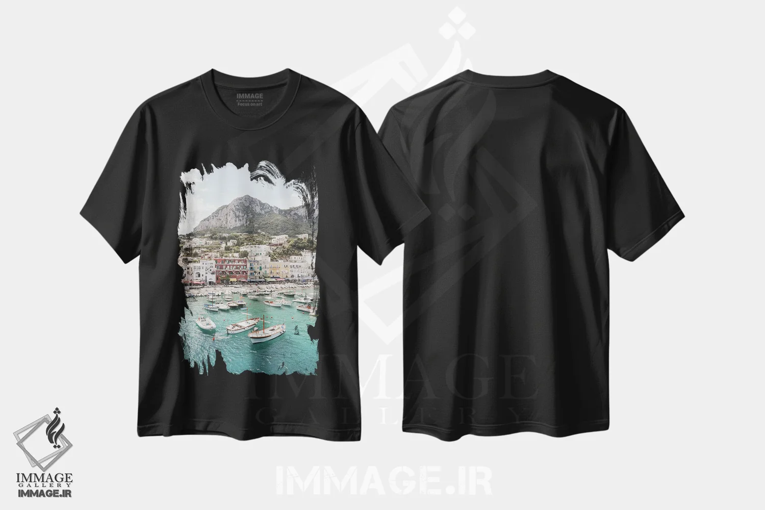 تیشرت مشکی طرح دار منظره جزیره کاپری، عکاسی هوایی اثر هنریکه شنک | فروشگاه ایماژ