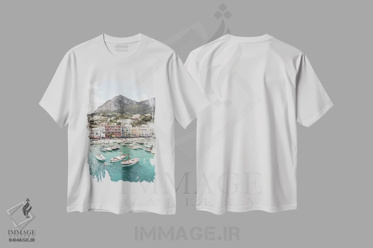 تیشرت سفید طرح دار منظره جزیره کاپری، عکاسی هوایی اثر هنریکه شنک | immage.ir
