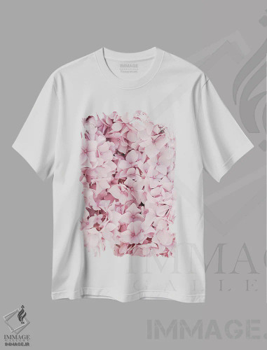 تیشرت سفید طرح دار شکوفه گل ادریسی صورتی، عکاسی ماکرو اثر هنریکه شنک | فروشگاه ایماژ