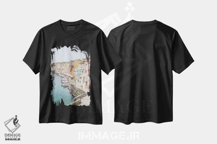 تیشرت مشکی طرح دار جزیره پروچیدا با رنگ های پاستلی، مدیوم اثر هنریکه شنک | فروشگاه ایماژ