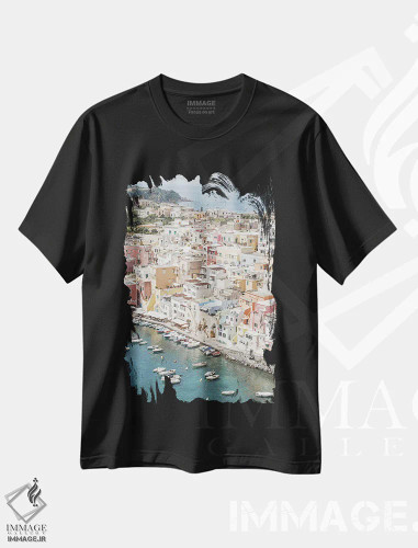 تیشرت مشکی طرح دار نمای جزیره در ایتالیا، عکاسی هوایی اثر هنریکه شنک | فروشگاه ایماژ