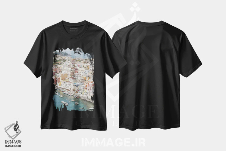 تیشرت مشکی طرح دار نمای جزیره در ایتالیا، عکاسی هوایی اثر هنریکه شنک | فروشگاه ایماژ