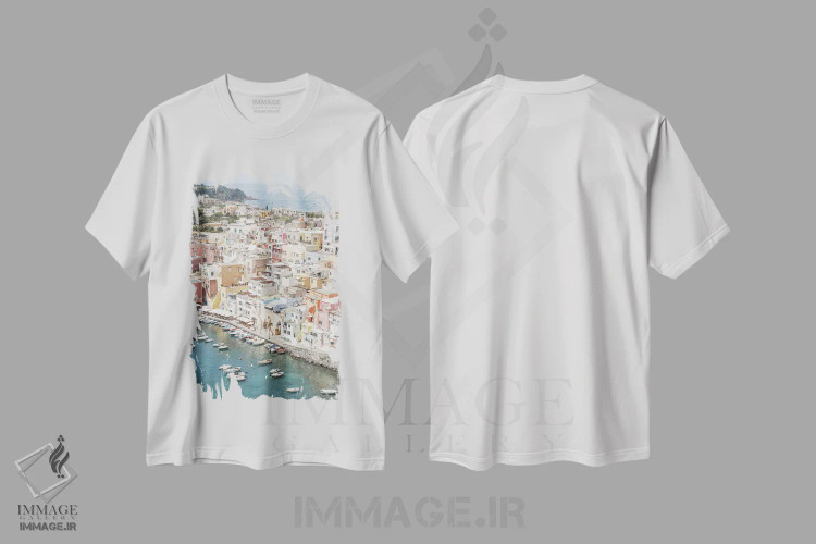 تیشرت سفید طرح دار نمای جزیره در ایتالیا، عکاسی هوایی اثر هنریکه شنک | immage.ir