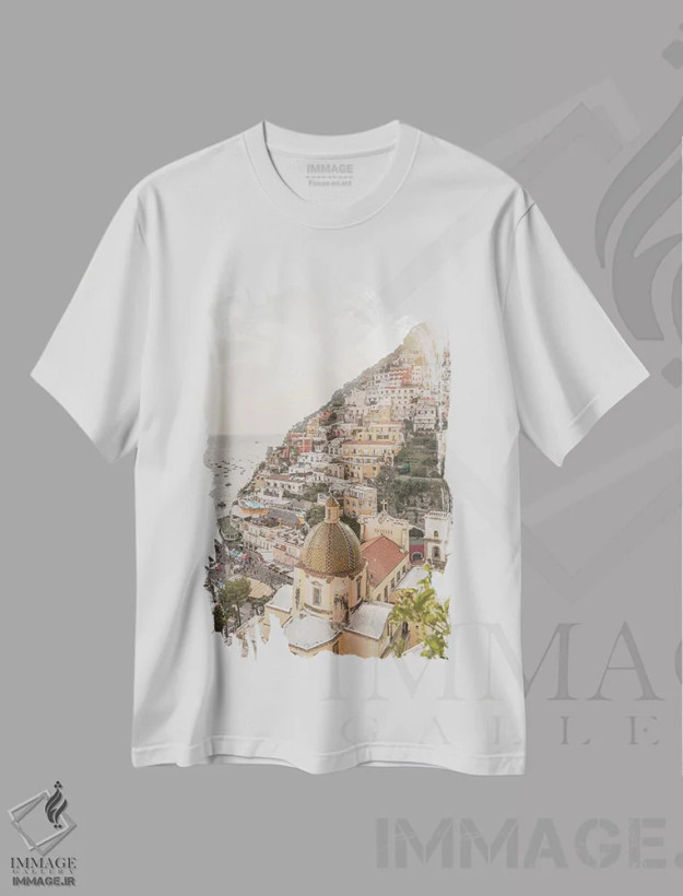 تیشرت سفید طرح دار Italy,روستای پوزیتانو، ایتالیا، مدیوم اثر هنریکه شنک | فروشگاه ایماژ