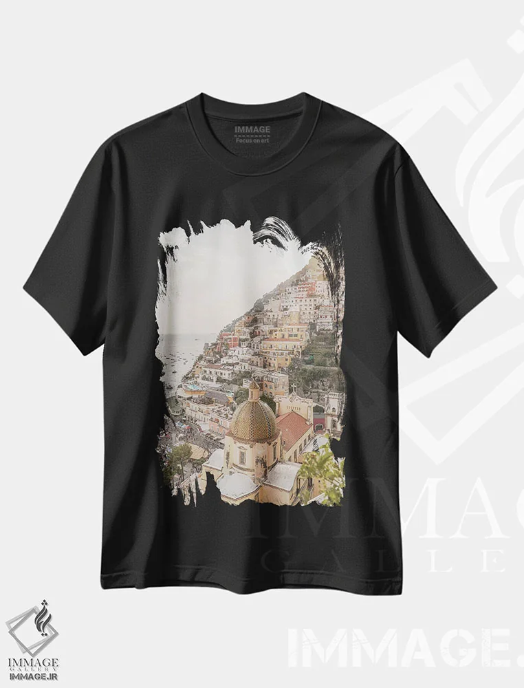 تیشرت مشکی طرح دار Italy,روستای پوزیتانو، ایتالیا، مدیوم اثر هنریکه شنک | immage.ir