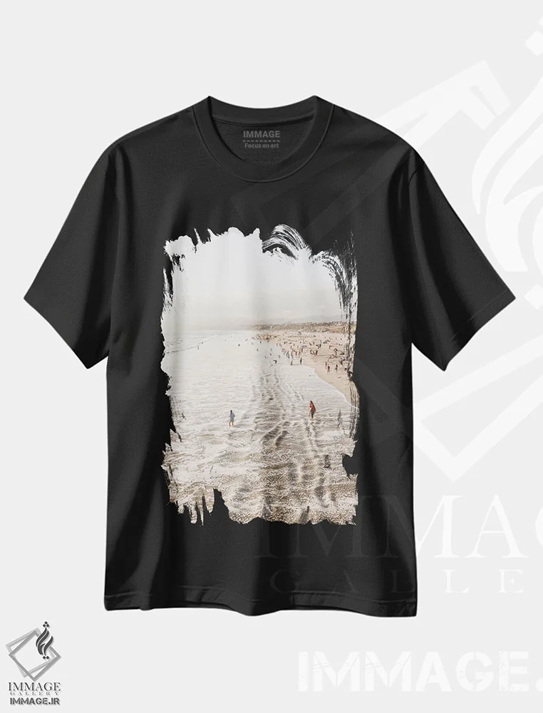 تیشرت مشکی طرح دار ساحل سانتا مونیکا، کالیفرنیا، دکور ساحلی اثر هنریکه شنک | فروشگاه ایماژ