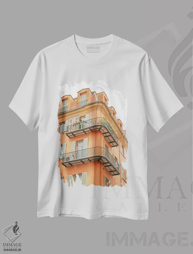 تیشرت سفید طرح دار ساختمان نارنجی در فرانسه، مدیوم اثر هنریکه شنک | فروشگاه ایماژ
