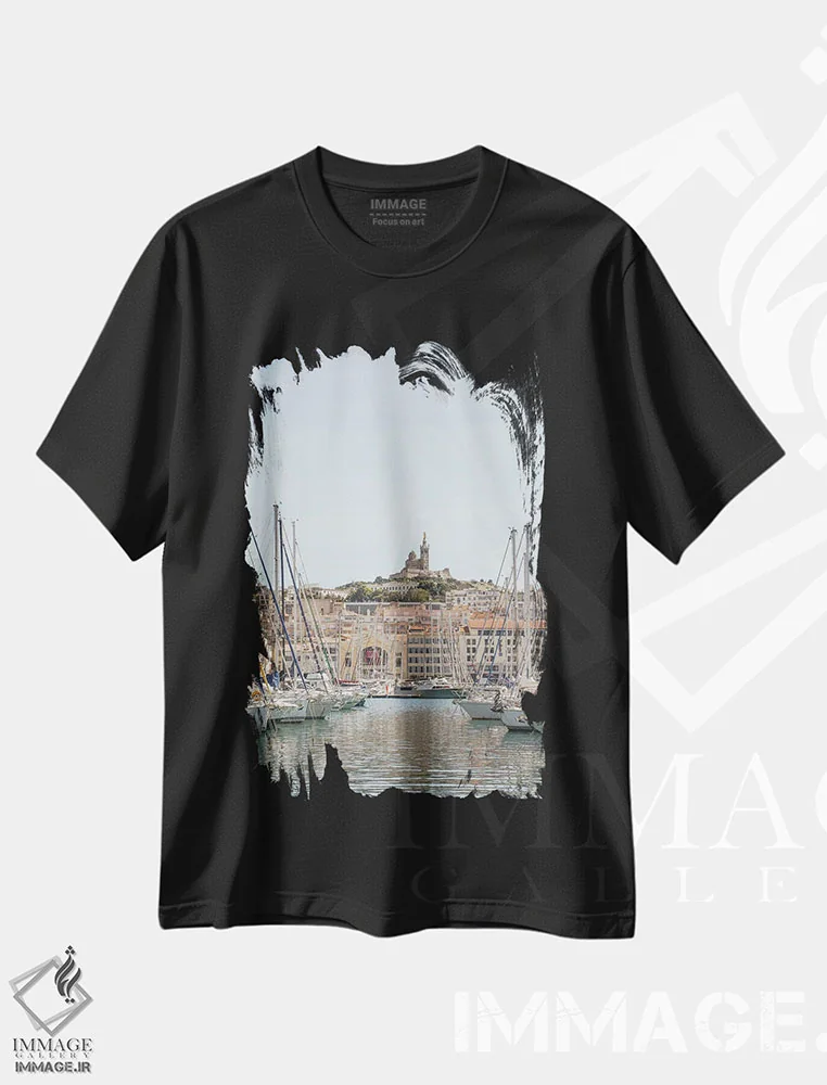 تیشرت مشکی طرح دار France,نمای مارسی، فرانسه، مدیوم اثر هنریکه شنک | فروشگاه ایماژ