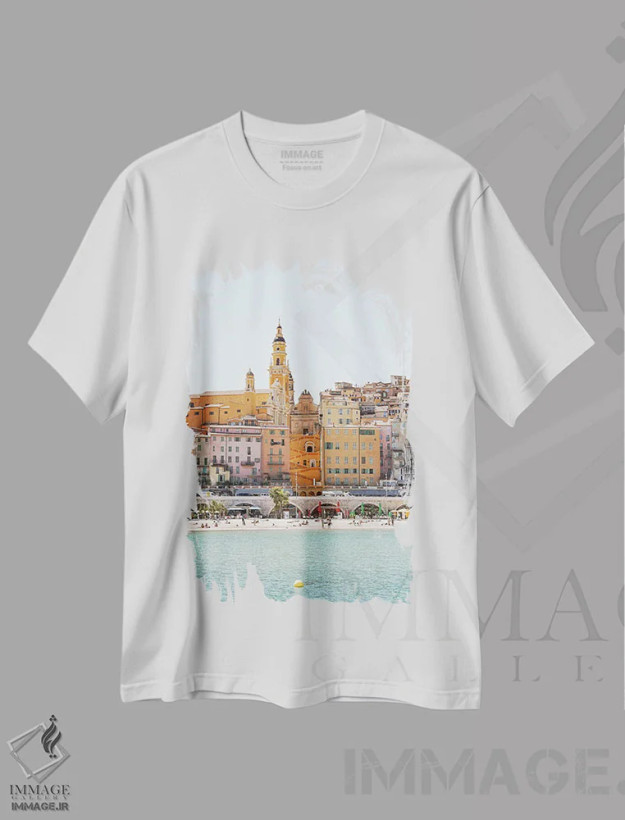 تیشرت سفید طرح دار ساحل رنگارنگ منتون، تزئینی اثر هنریکه شنک | فروشگاه ایماژ