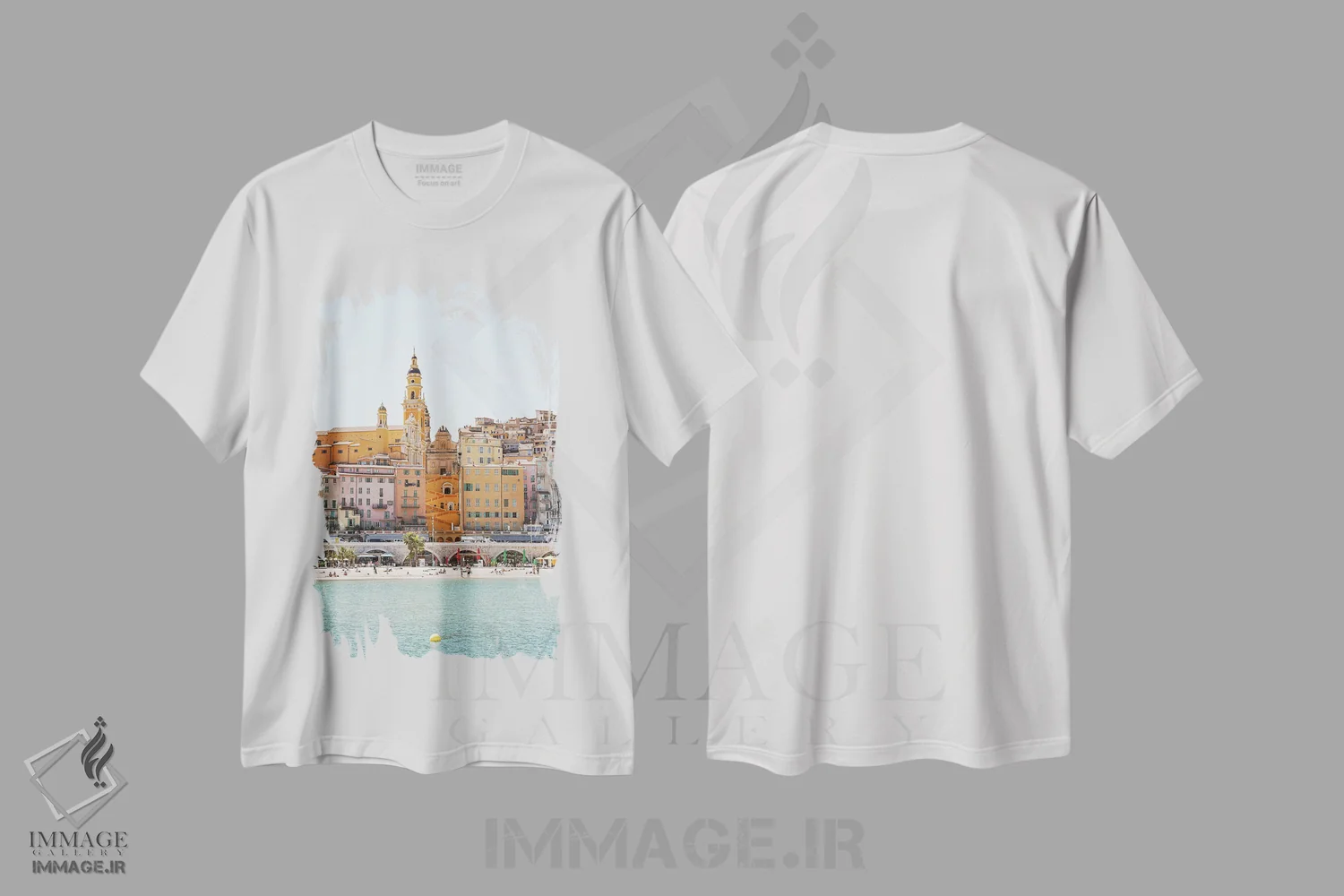 تیشرت سفید طرح دار ساحل رنگارنگ منتون، تزئینی اثر هنریکه شنک | فروشگاه ایماژ