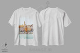 تیشرت سفید طرح دار ساحل رنگارنگ منتون، تزئینی اثر هنریکه شنک | فروشگاه ایماژ